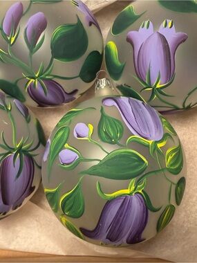 Hand-Painted Purple Floral Holiday Ornaments (5) Unbranded signed